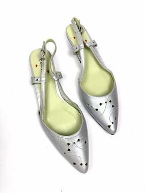 Coclico Silver Leather Slingback Shoes Pointed Toe Kitten Heel EU 37 US 6,5-7